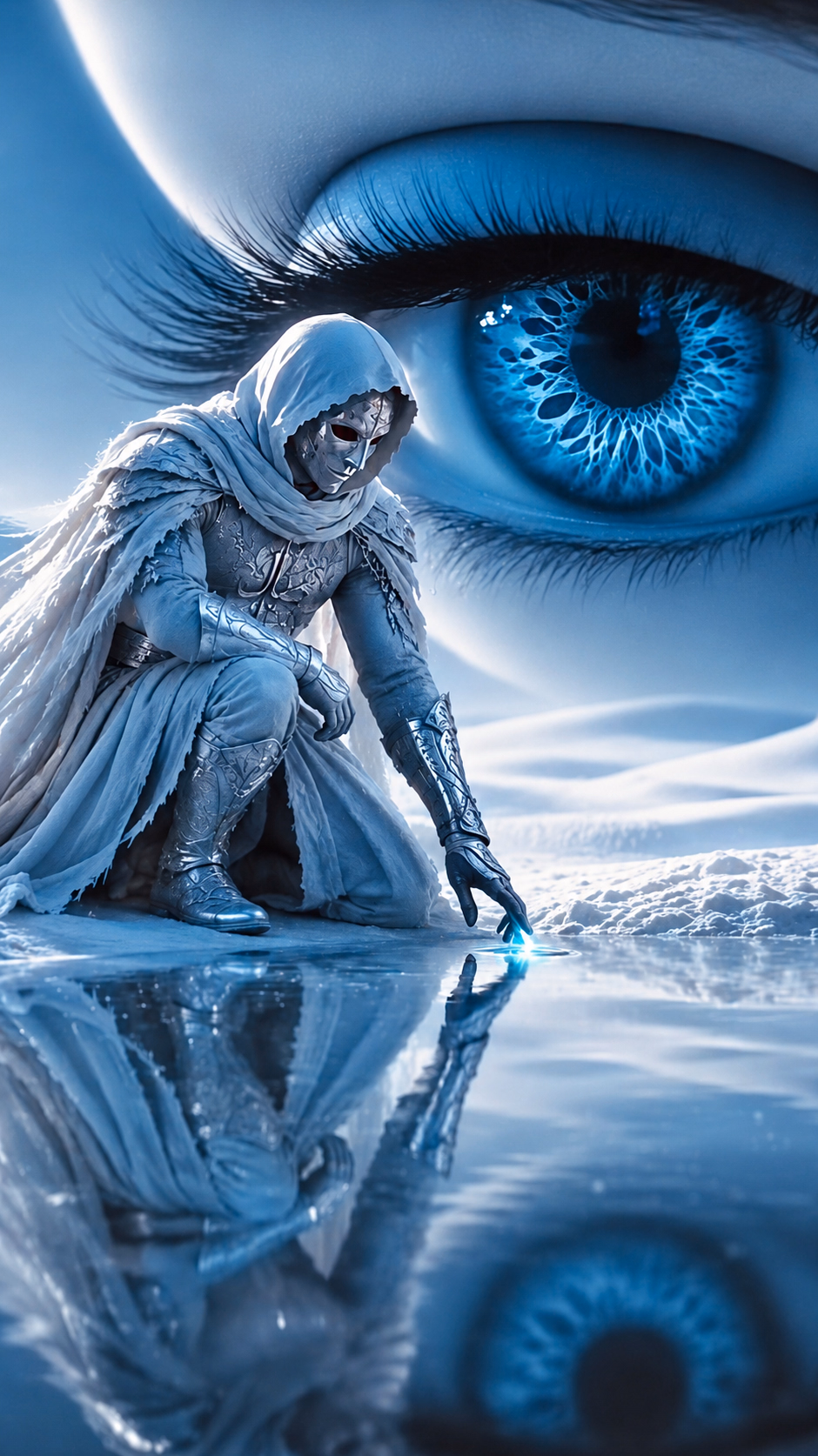 A silver cloaked figure touches a reflective surface beneath an immense blue eye