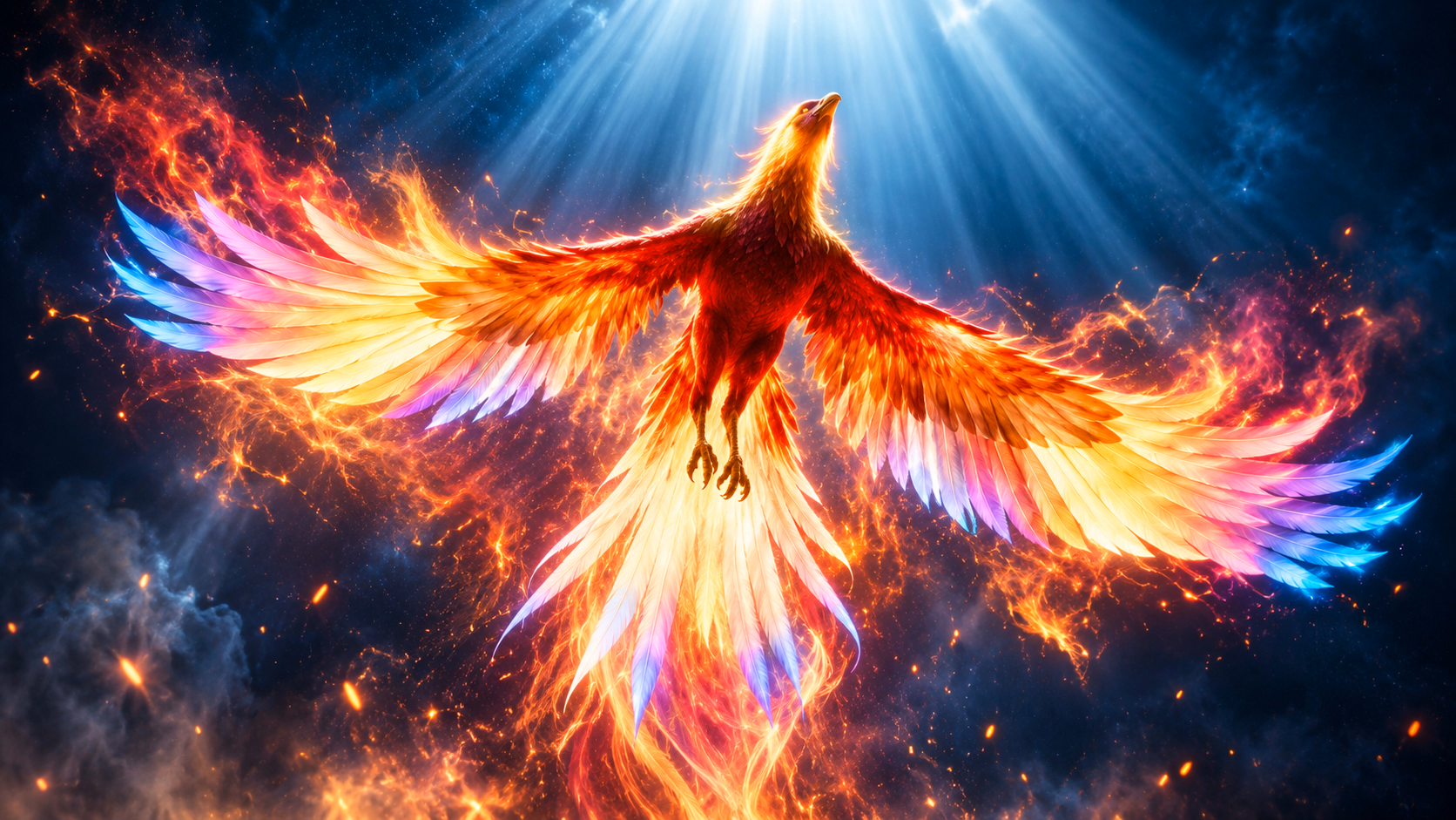 A radiant phoenix rises with wings spread, glowing gold, crimson, violet and cyan against a deep navy sky.