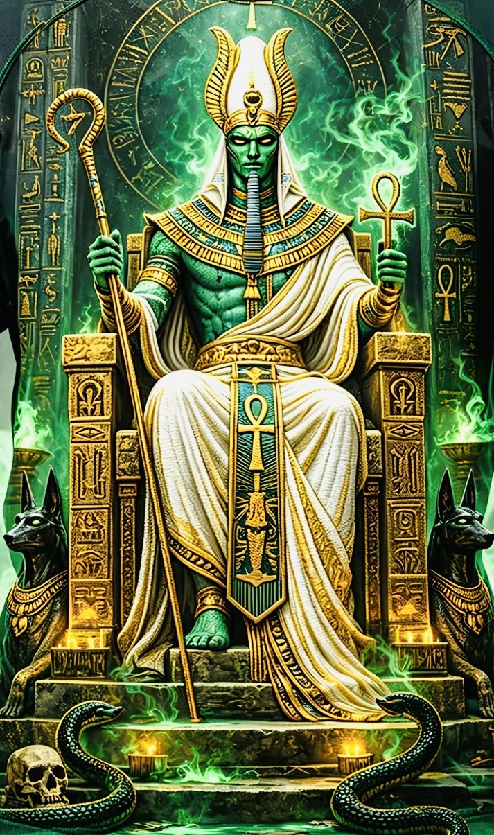 Symbolic Egyptian artwork of an emerald-green figure seated on a golden throne, holding a staff and an ankh, surrounded by green light, jackals and cobras.
