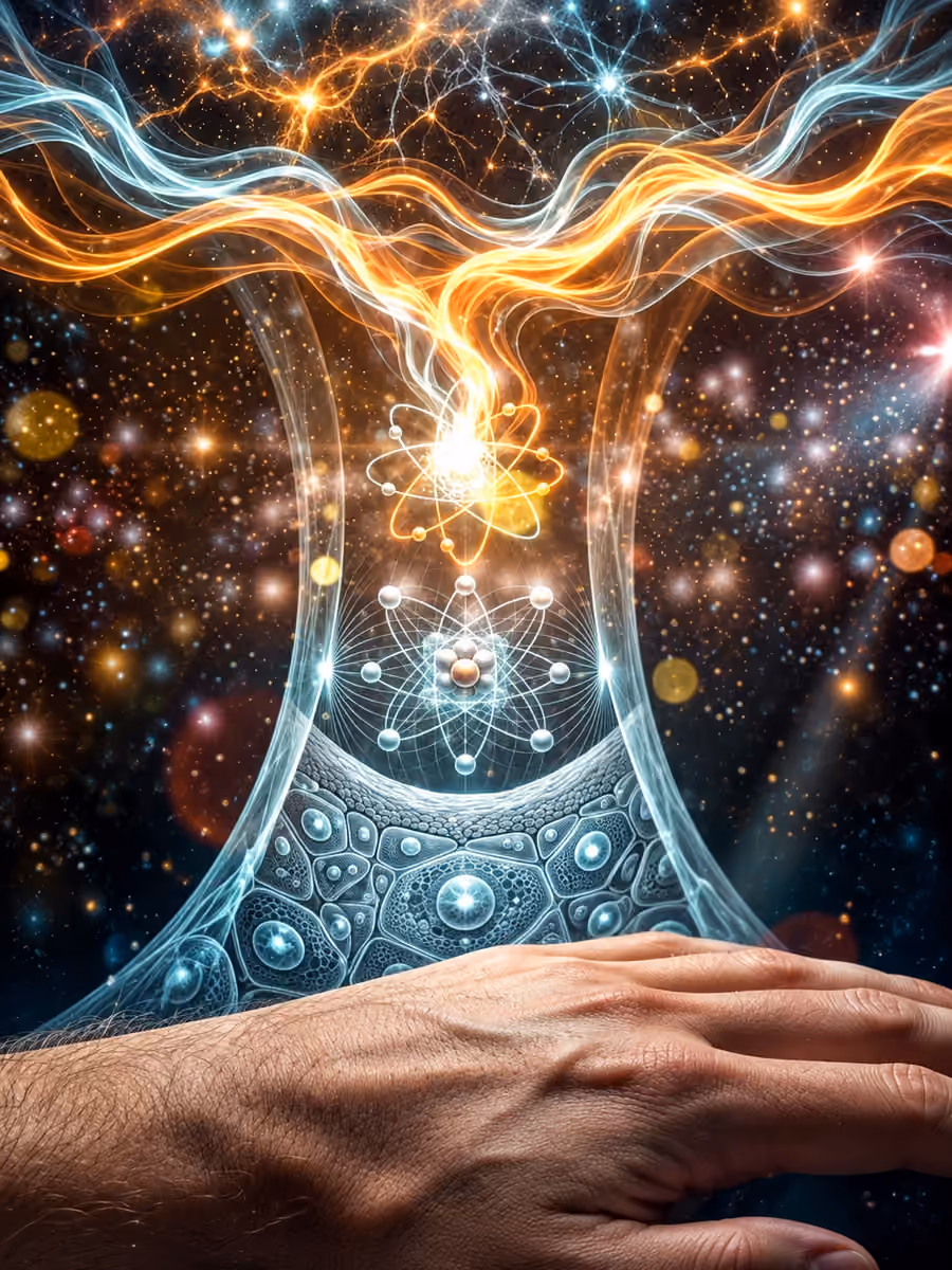 A hand beneath symbolic cellular and atomic patterns rising into white and golden streams of light.
