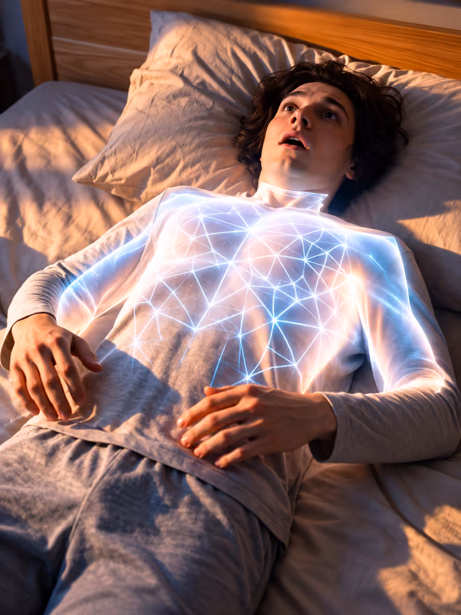 A clothed man rests in bed with an illustrative mesh of blue-white light across his torso.