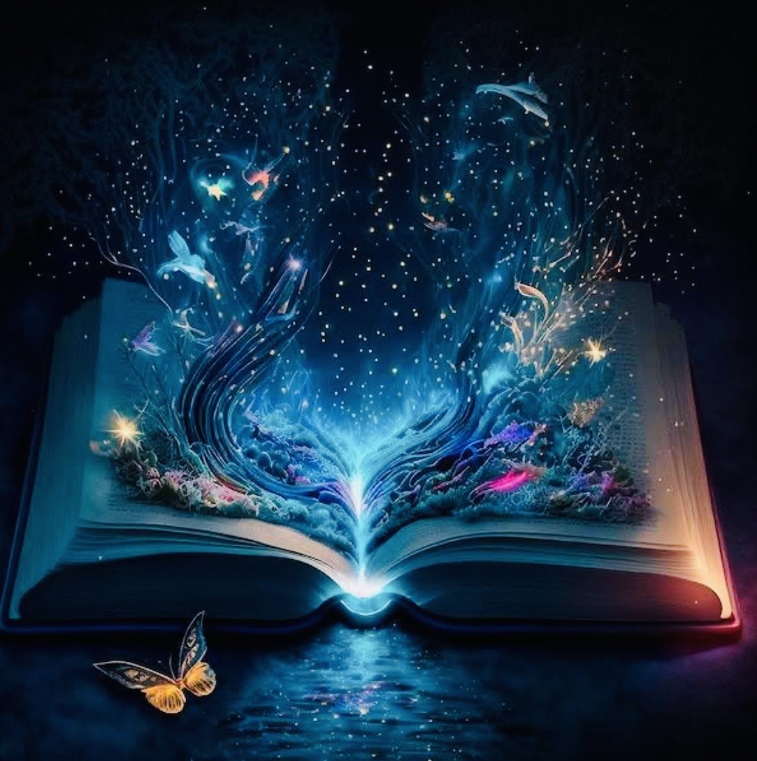 An open book releases luminous blue branches, butterflies and stars into a dark sky.
