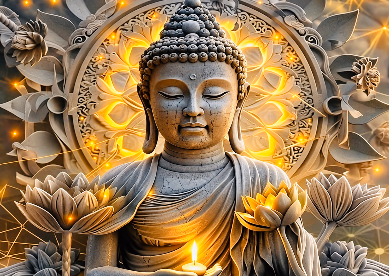 A grey Buddha sculpture with a golden mandala halo, lotus flowers and a small candle flame.