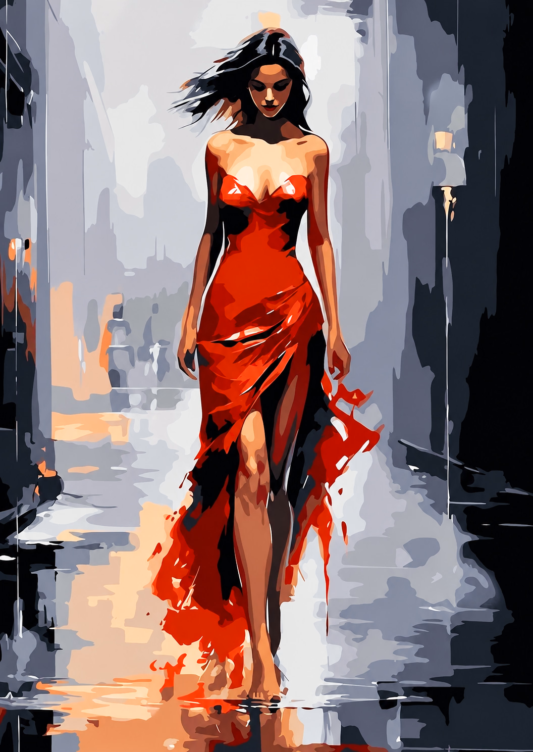A painted woman in a flowing red dress walks through a grey city street, her reflection beneath her.