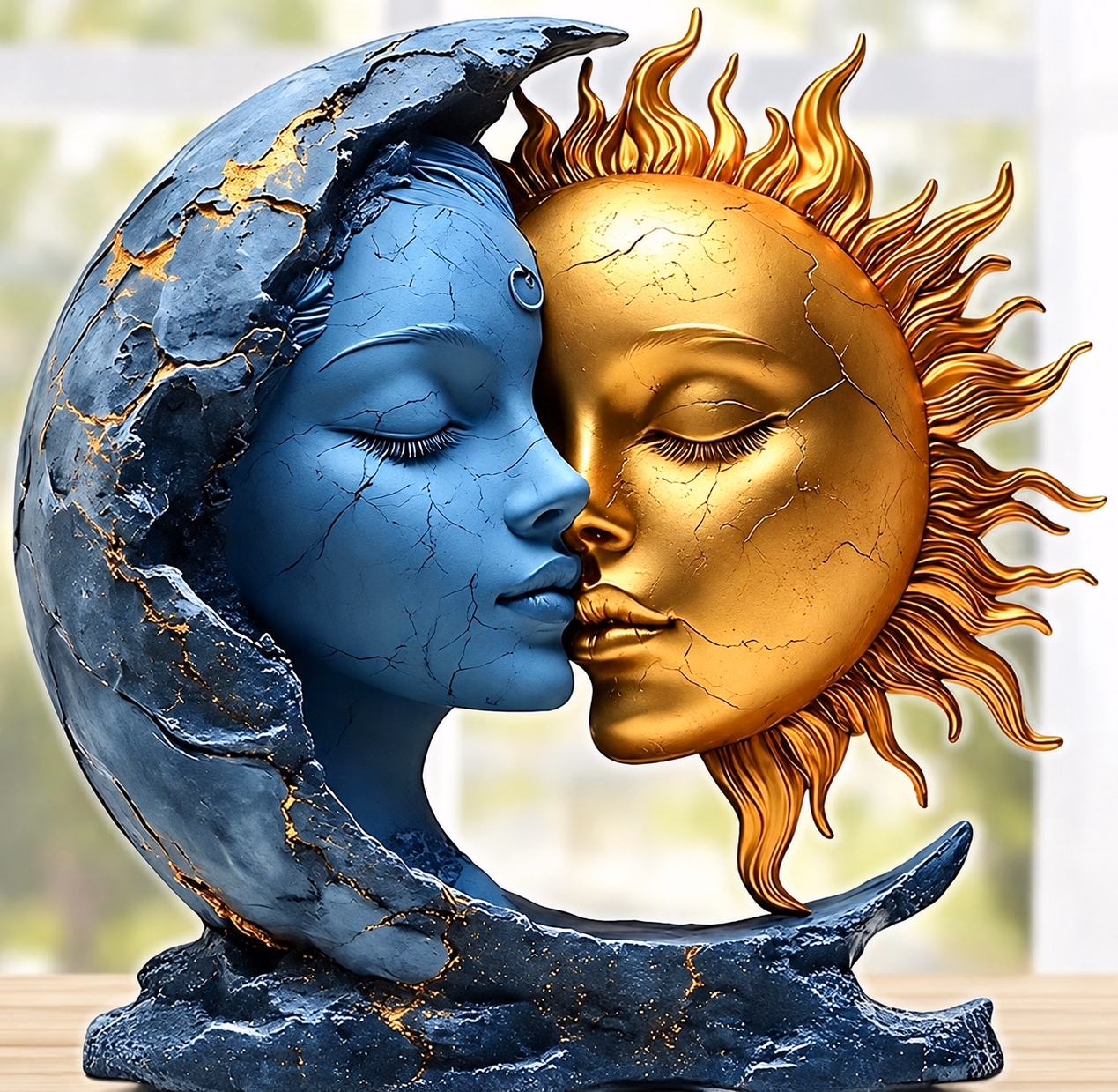 A blue crescent moon and a golden sun meet in a sculptural kiss, with fine cracks across their surfaces.