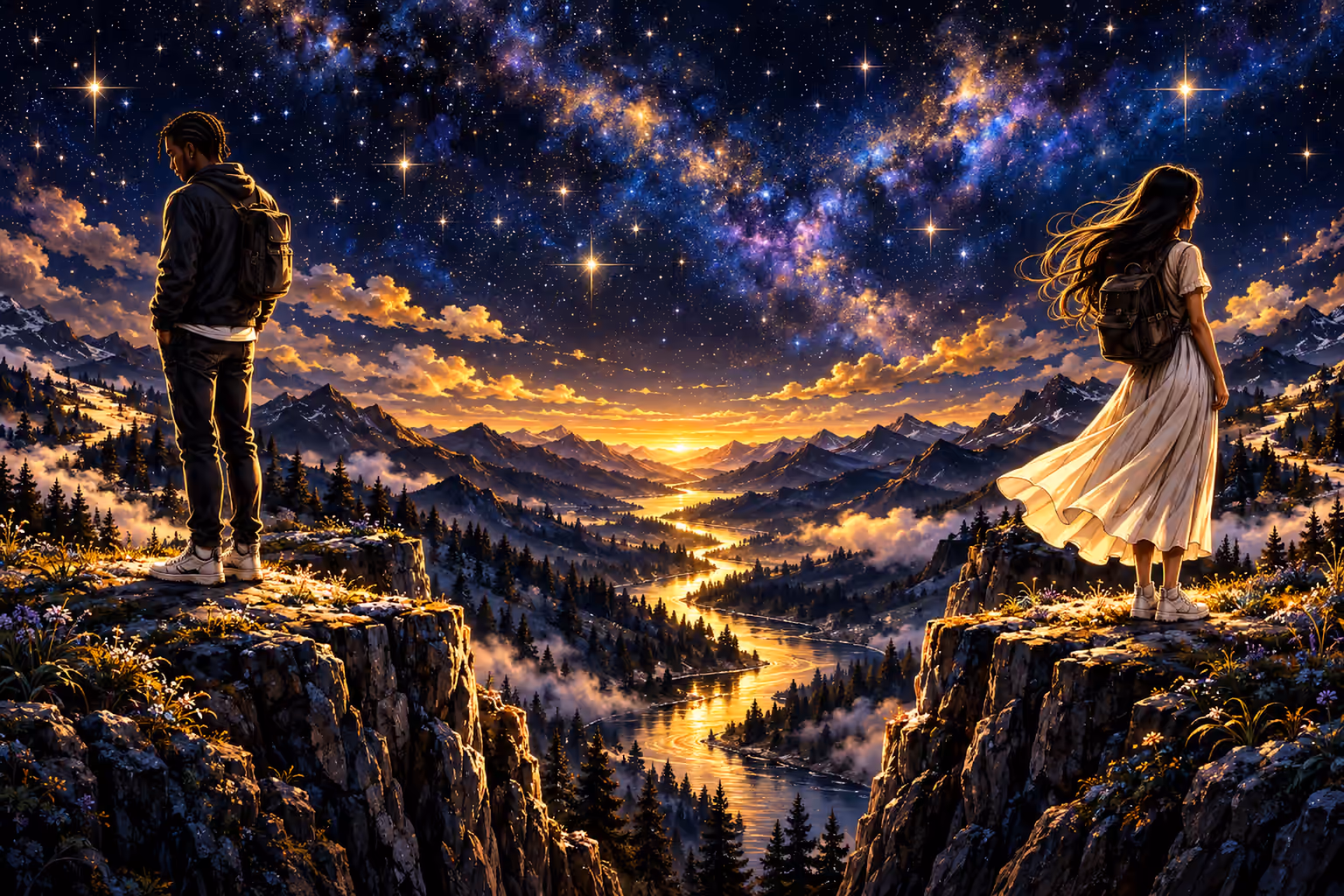 Two travellers with backpacks face away from one another on separate cliffs, with a golden river winding through mountains beneath a luminous star-filled sky.