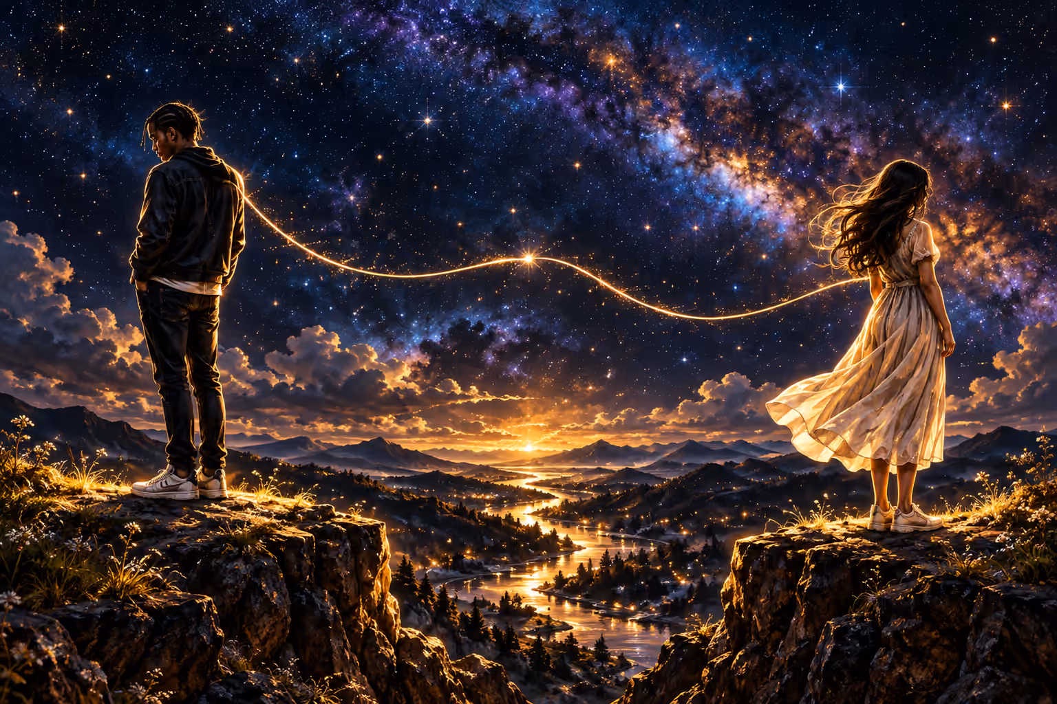 A clean-shaven man with braids and a woman in an ivory dress stand on opposite cliffs, linked by a fine golden thread beneath a rich violet and navy galaxy.