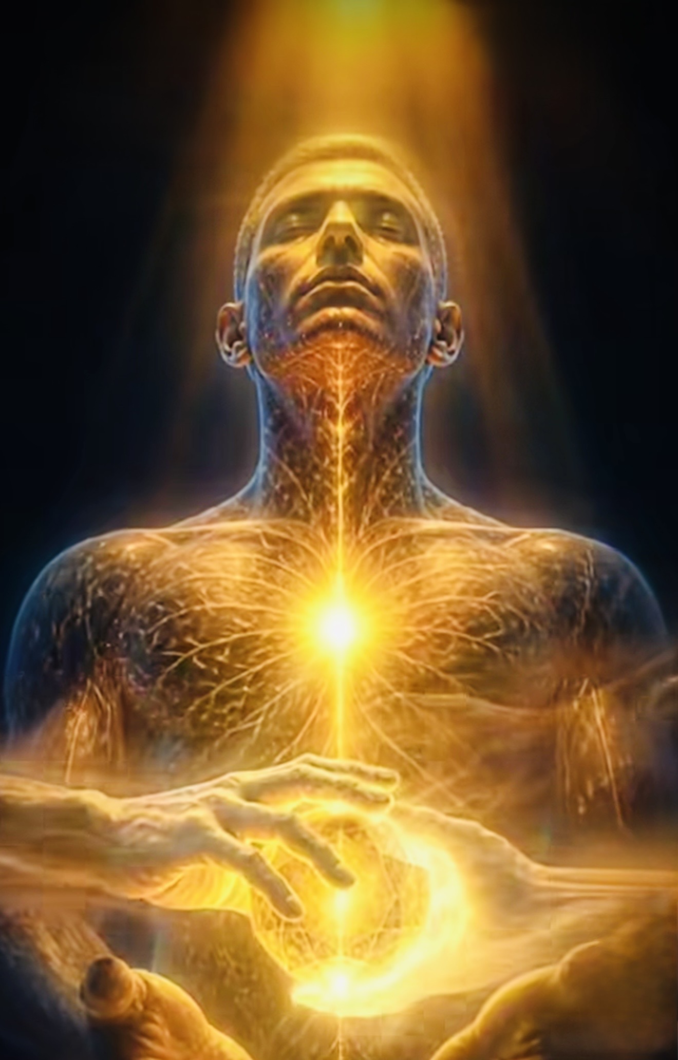 A luminous figure holding a golden sphere of light beneath a glowing heart.